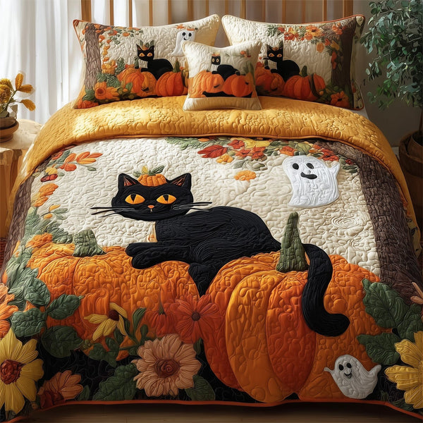 Spooky Black Cat quilted 3-piece bedding set on a made bed against a dark styled interior