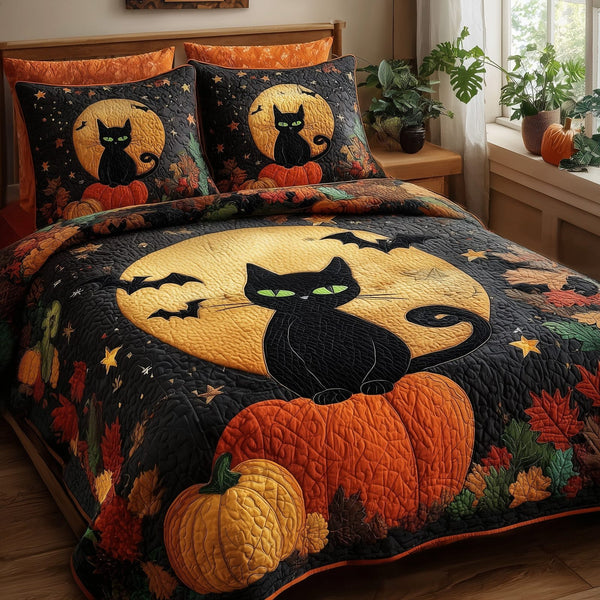 Spooky Black Cat quilted 3-piece bedding set on a made bed against a dark styled interior