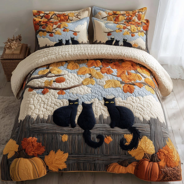 Spooky Black Cat quilted 3-piece bedding set on a made bed against a dark styled interior