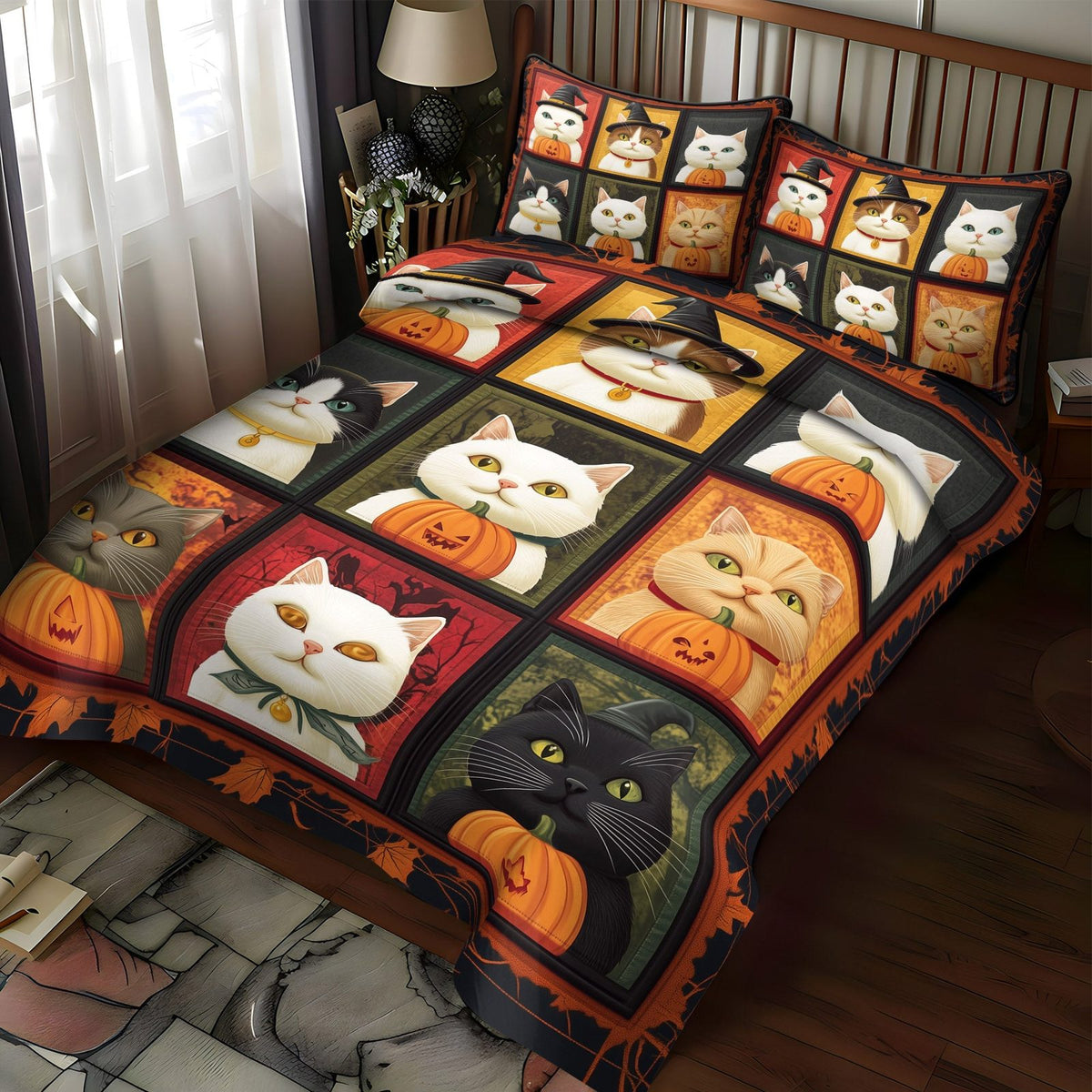 Spooky Cat Companions quilted 3-piece bedding set on a made bed against a dark styled interior