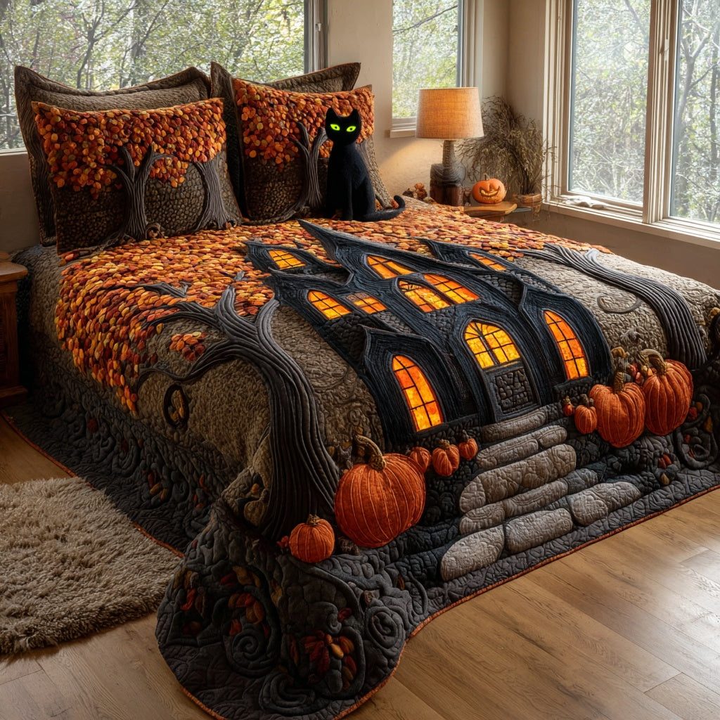 Spooky Cat Estate quilted 3-piece bedding set on a made bed against a dark styled interior