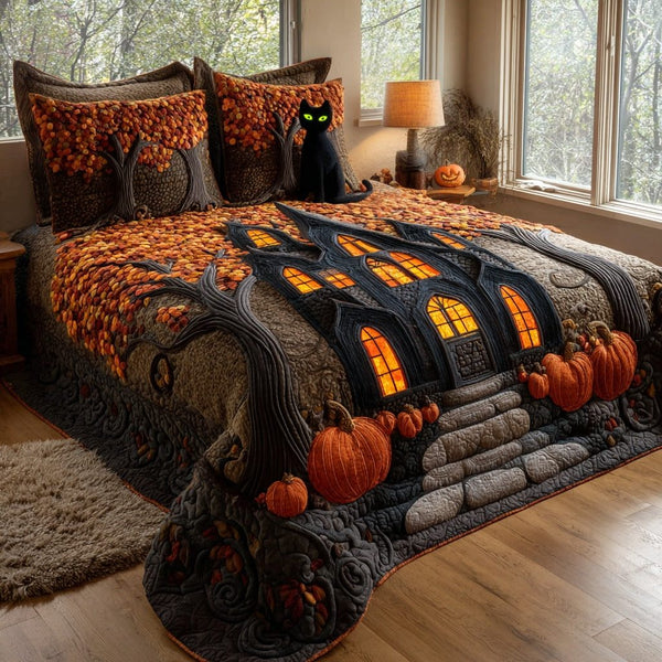 Spooky Cat Estate quilted 3-piece bedding set on a made bed against a dark styled interior