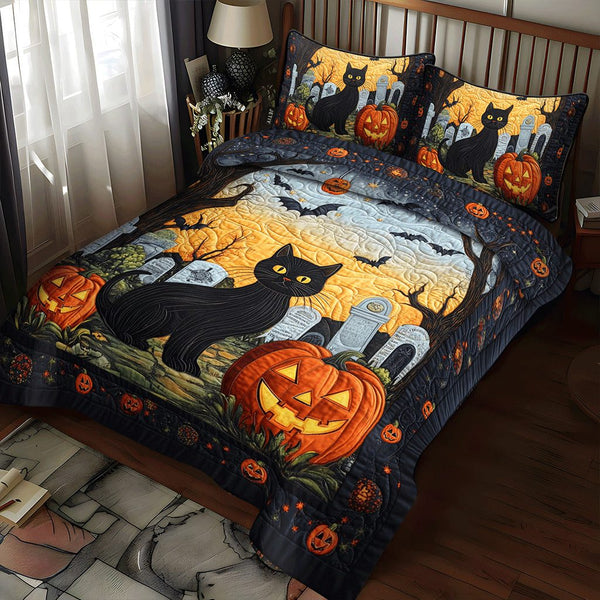 Spooky Cat Halloween quilted 3-piece bedding set on a made bed against a dark styled interior