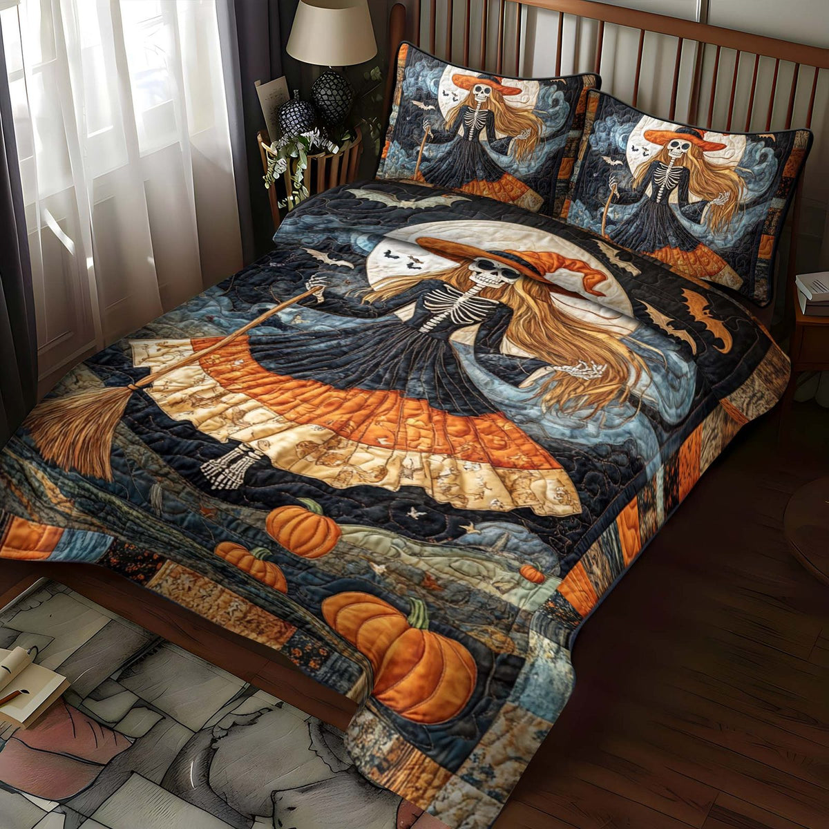 Spooky Cat quilted 3-piece bedding set on a made bed against a dark styled interior