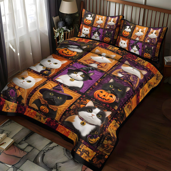 Spooky Cats quilted 3-piece bedding set on a made bed against a dark styled interior