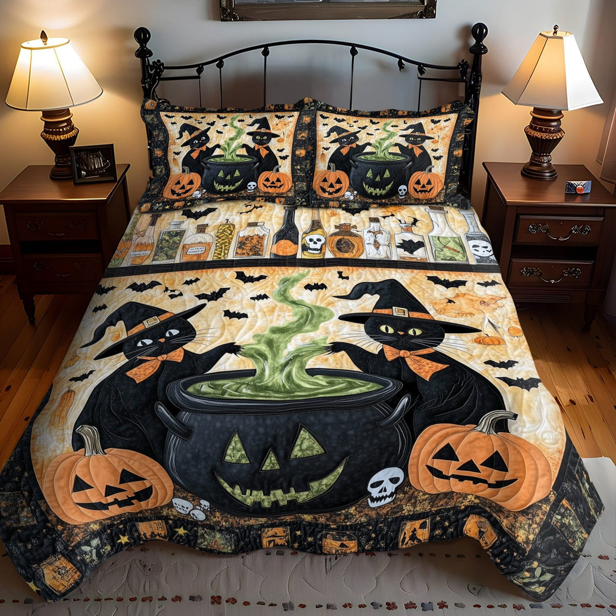 Spooky Cauldron Cats quilted 3-piece bedding set on a made bed against a dark styled interior
