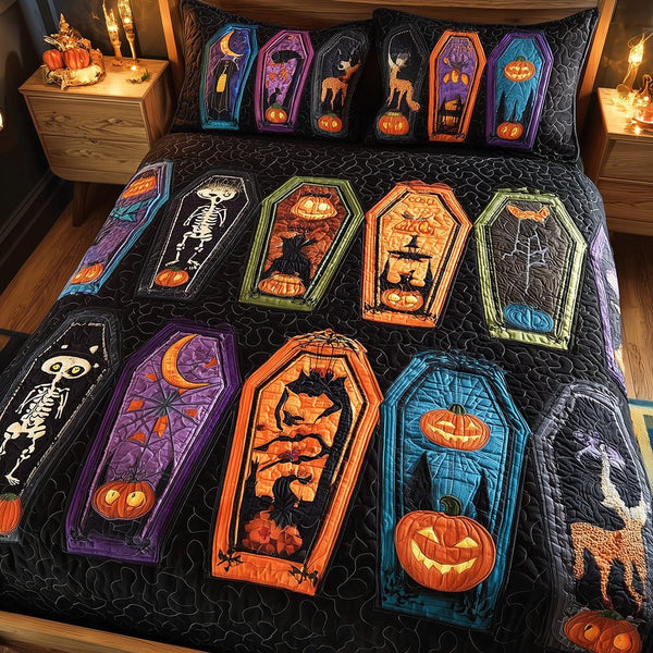 Spooky Coffins quilted 3-piece bedding set on a made bed against a dark styled interior