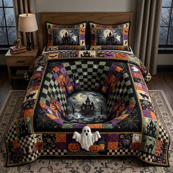 Spooky Dreams quilted 3-piece bedding set on a made bed against a dark styled interior
