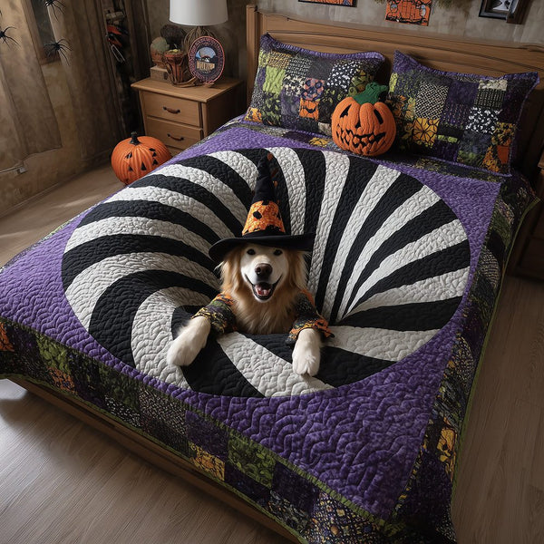 Spooky Golden Retriever quilted 3-piece bedding set on a made bed against a dark styled interior