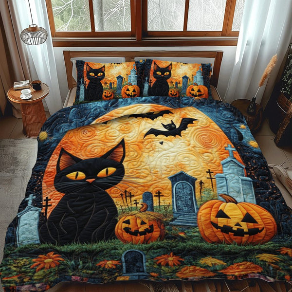 Spooky Halloween Cat quilted 3-piece bedding set on a made bed against a dark styled interior