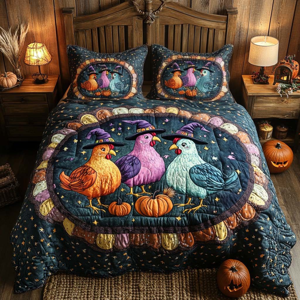 Spooky Harvest Charm quilted 3-piece bedding set on a made bed against a dark styled interior