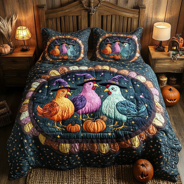Spooky Harvest Charm quilted 3-piece bedding set on a made bed against a dark styled interior