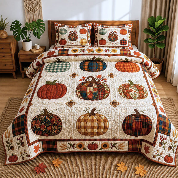 Spooky Harvest quilted 3-piece bedding set on a made bed against a dark styled interior