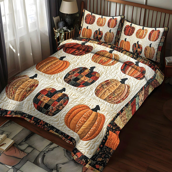 Spooky Harvest quilted 3-piece bedding set on a made bed against a dark styled interior