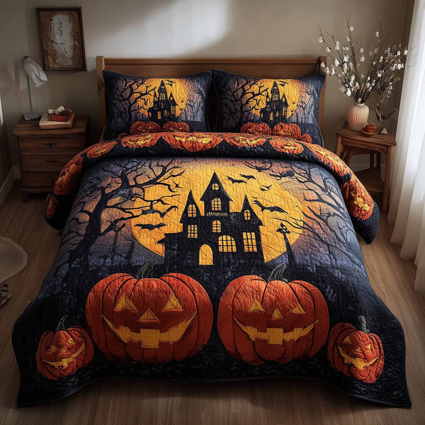 Spooky House quilted 3-piece bedding set on a made bed against a dark styled interior