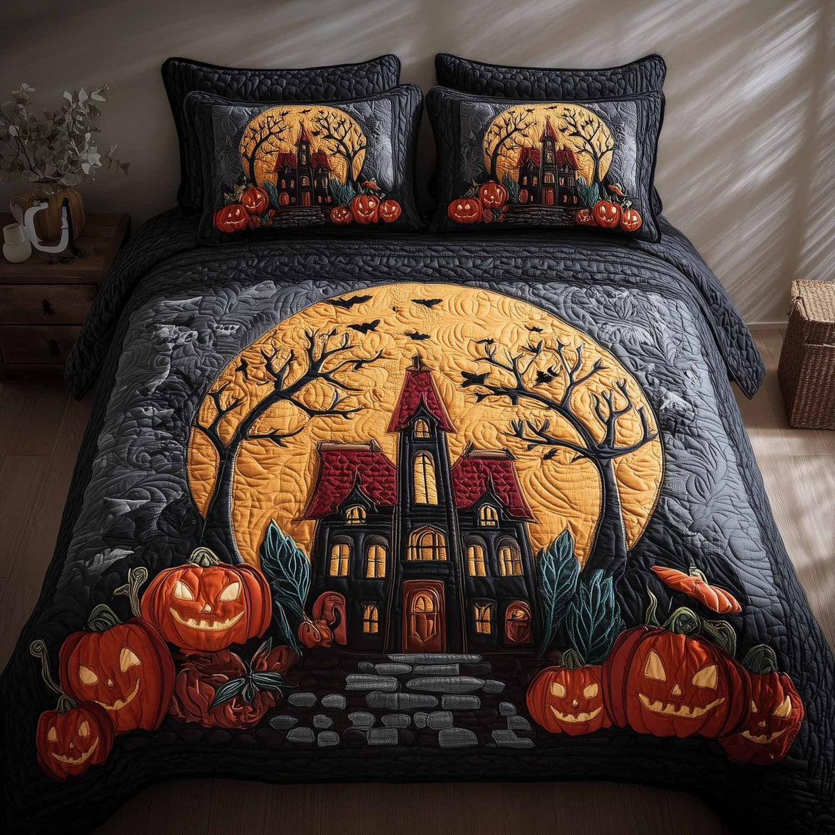 Spooky House quilted 3-piece bedding set on a made bed against a dark styled interior