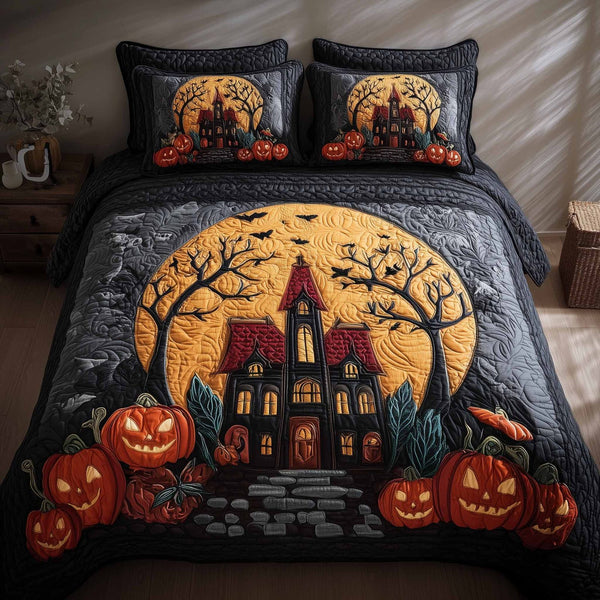 Spooky House quilted 3-piece bedding set on a made bed against a dark styled interior