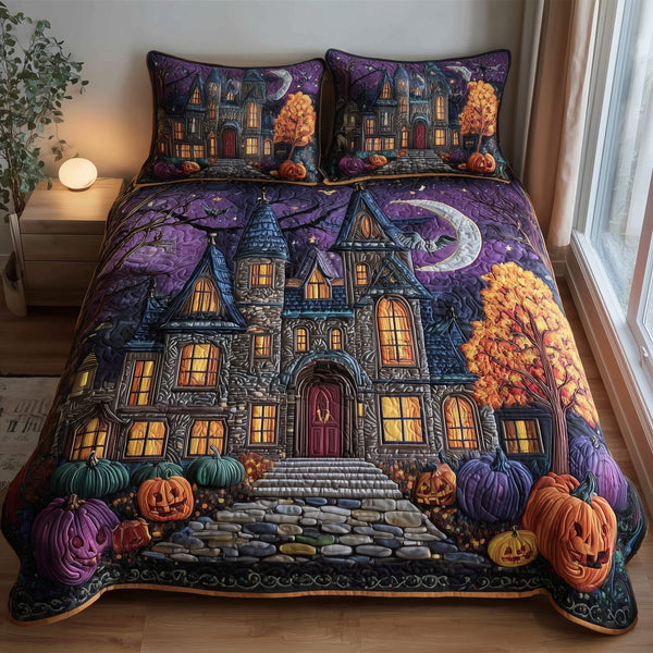 Spooky House quilted 3-piece bedding set on a made bed against a dark styled interior