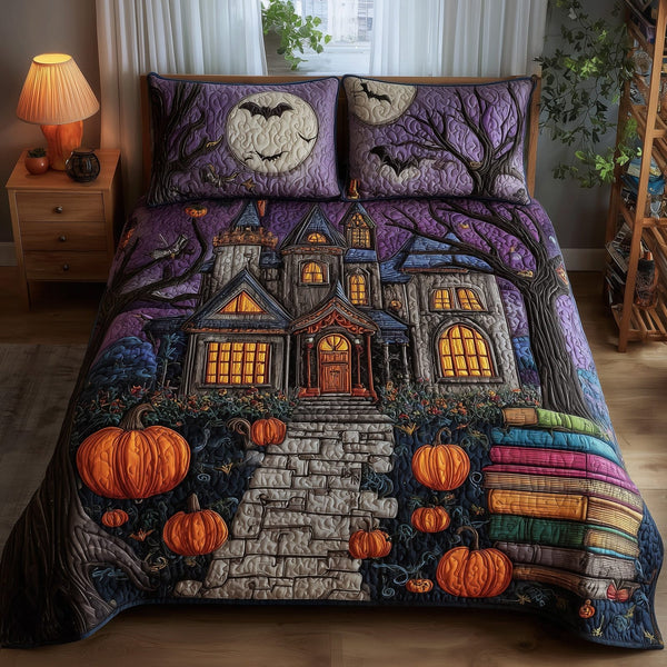 Spooky House quilted 3-piece bedding set on a made bed against a dark styled interior