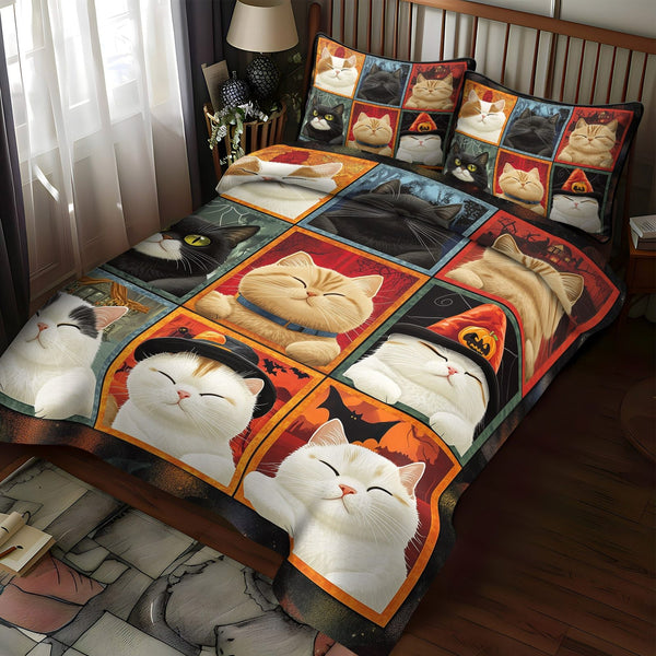 Spooky Kitty quilted 3-piece bedding set on a made bed against a dark styled interior