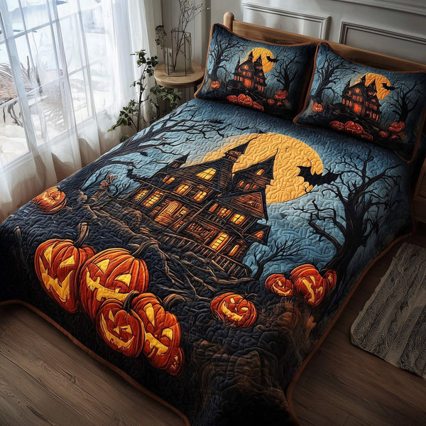 Spooky Manor quilted 3-piece bedding set on a made bed against a dark styled interior