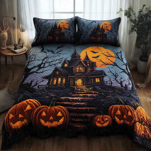 Spooky Manor quilted 3-piece bedding set on a made bed against a dark styled interior