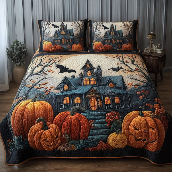 Spooky Manor quilted 3-piece bedding set on a made bed against a dark styled interior