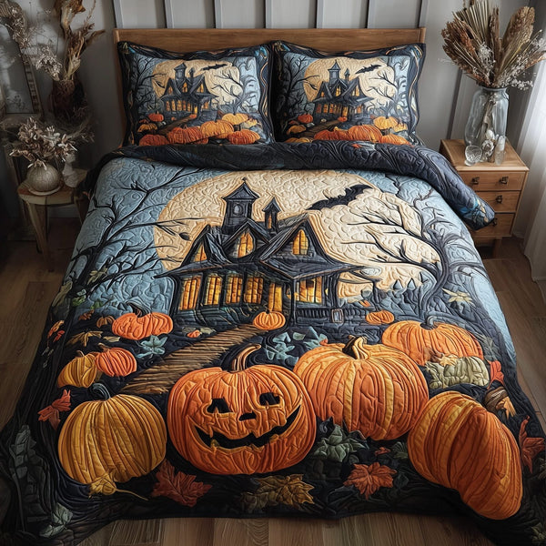 Spooky Manor quilted 3-piece bedding set on a made bed against a dark styled interior