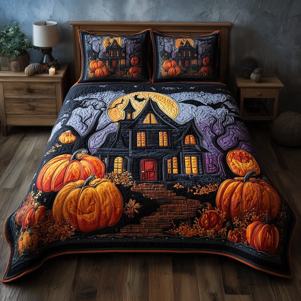Spooky Manor quilted 3-piece bedding set on a made bed against a dark styled interior