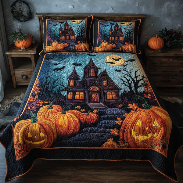 Spooky Manor quilted 3-piece bedding set on a made bed against a dark styled interior