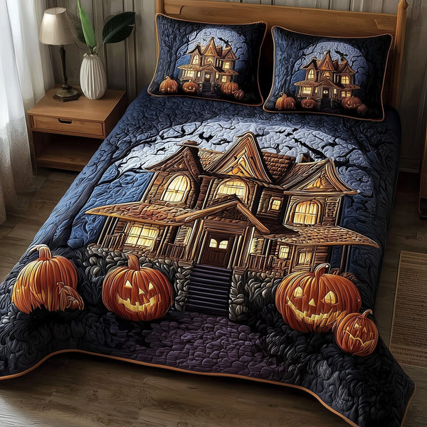 Spooky Manor quilted 3-piece bedding set on a made bed against a dark styled interior