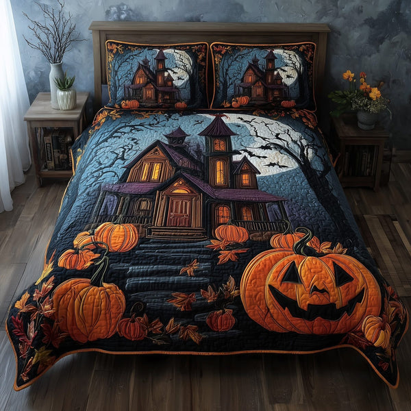 Spooky Manor quilted 3-piece bedding set on a made bed against a dark styled interior