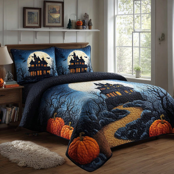 Spooky Moonlit Path quilted 3-piece bedding set on a made bed against a dark styled interior