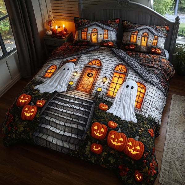Spooky Nightfall quilted 3-piece bedding set on a made bed against a dark styled interior