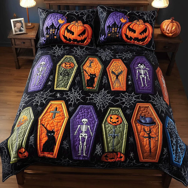 Spooky Nightfall quilted 3-piece bedding set on a made bed against a dark styled interior