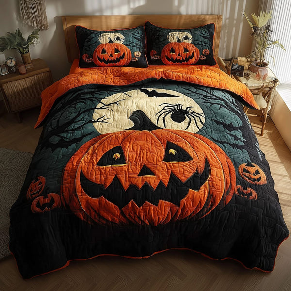 Spooky Nights quilted 3-piece bedding set on a made bed against a dark styled interior
