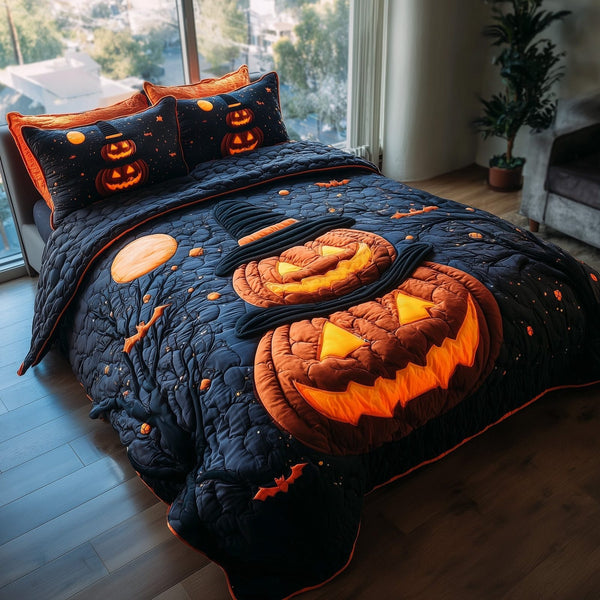 Spooky Nights quilted 3-piece bedding set on a made bed against a dark styled interior