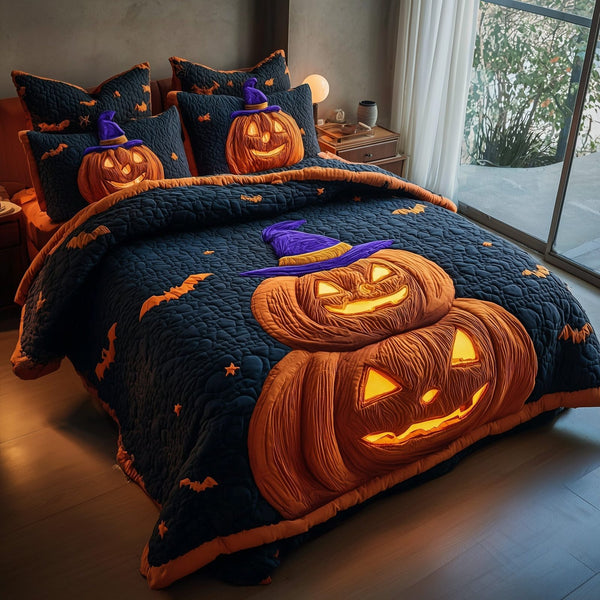 Spooky Nights quilted 3-piece bedding set on a made bed against a dark styled interior