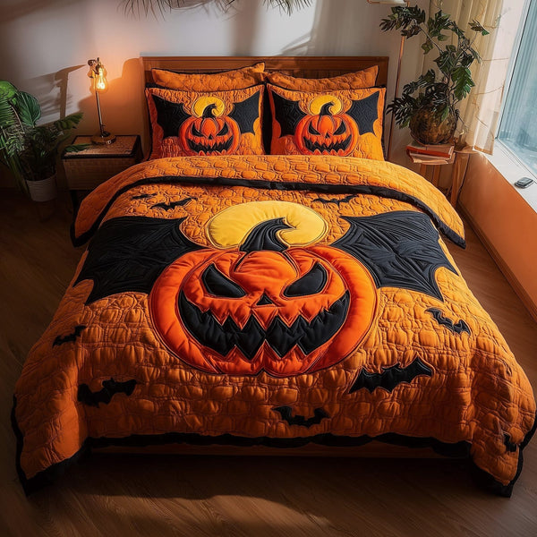 Spooky Nights quilted 3-piece bedding set on a made bed against a dark styled interior
