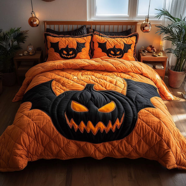 Spooky Nights quilted 3-piece bedding set on a made bed against a dark styled interior