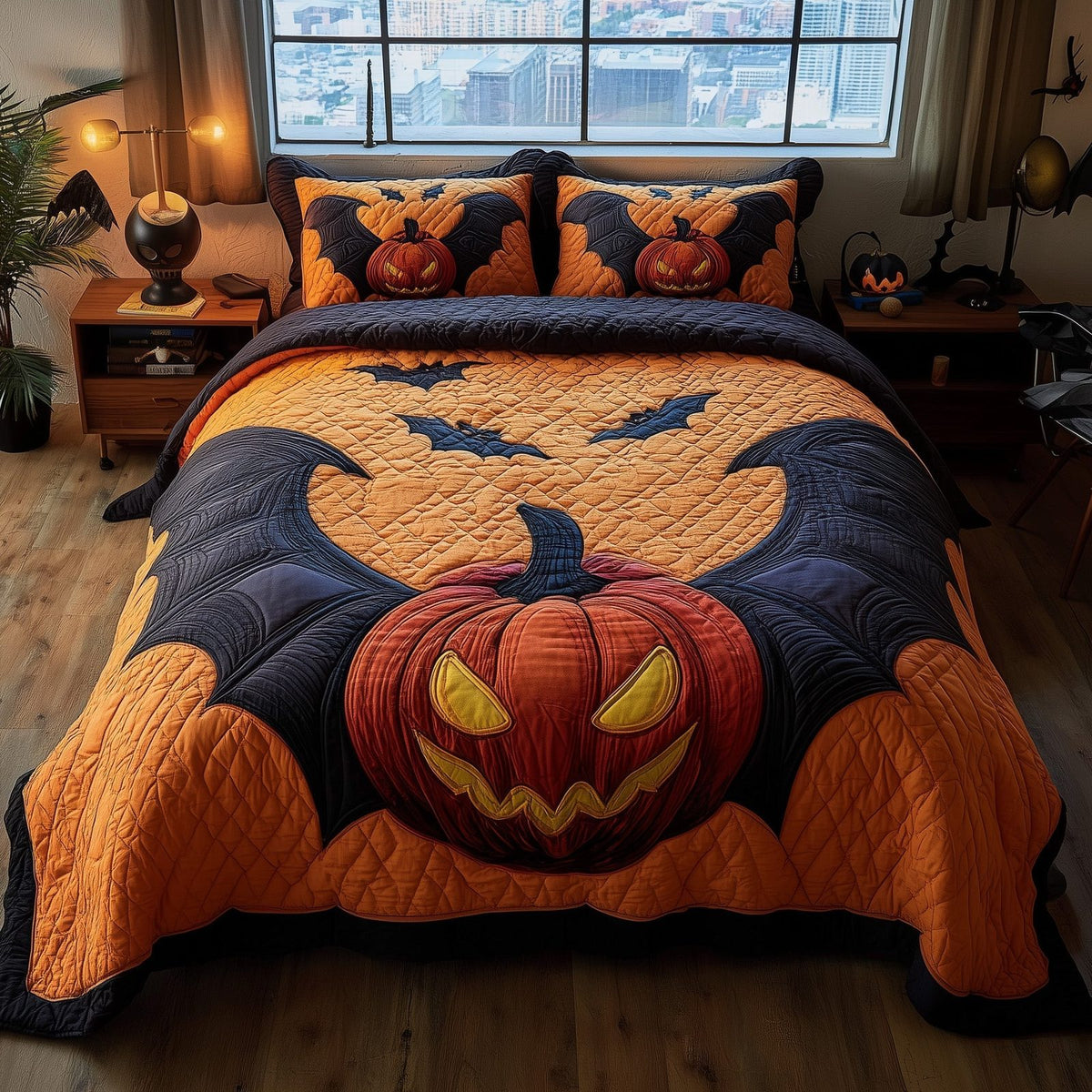 Spooky Nights quilted 3-piece bedding set on a made bed against a dark styled interior
