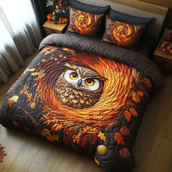 Spooky Owl quilted 3-piece bedding set on a made bed against a dark styled interior