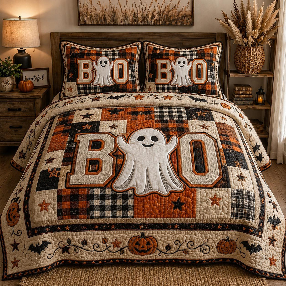 Spooky Patchwork quilted 3-piece bedding set on a made bed against a dark styled interior