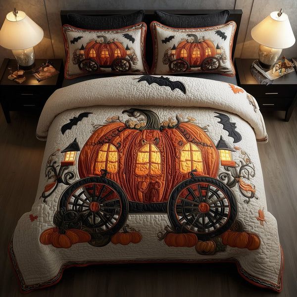 Spooky Pumpkin quilted 3-piece bedding set on a made bed against a dark styled interior