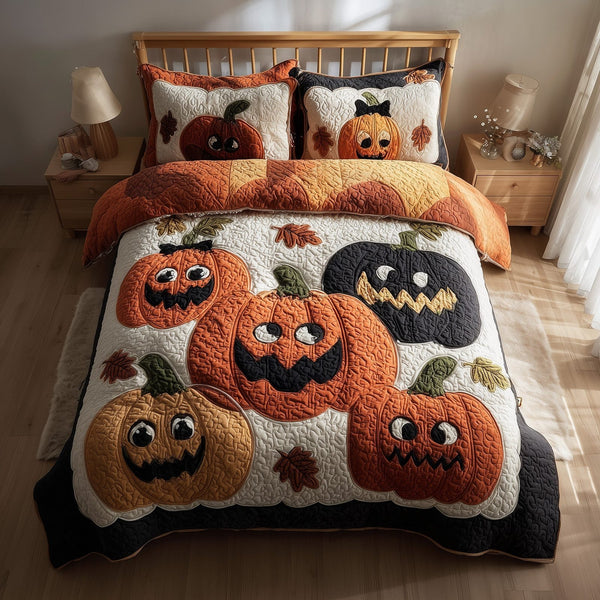 Spooky Pumpkin quilted 3-piece bedding set on a made bed against a dark styled interior