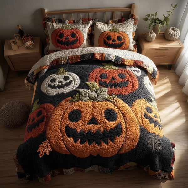 Spooky Pumpkin quilted 3-piece bedding set on a made bed against a dark styled interior