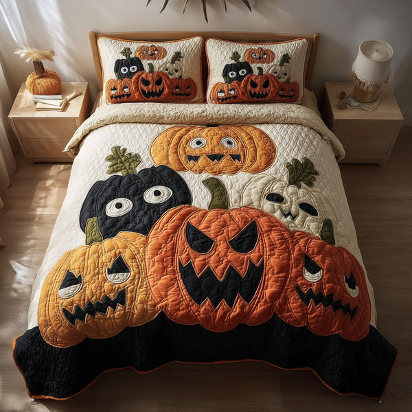 Spooky Pumpkin quilted 3-piece bedding set on a made bed against a dark styled interior