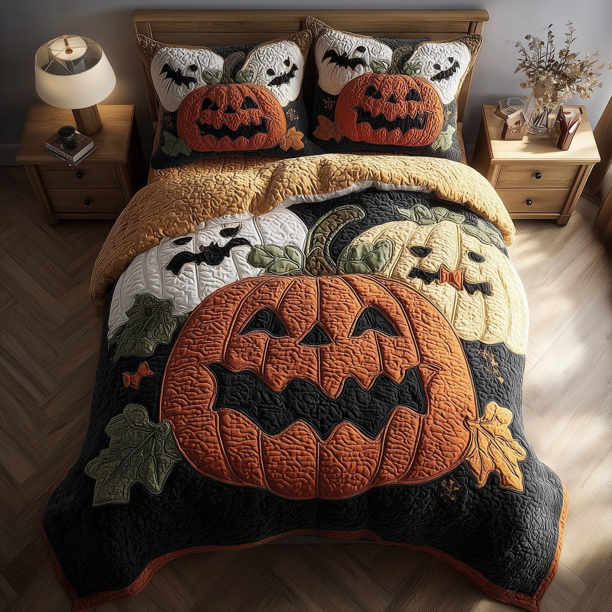 Spooky Pumpkin quilted 3-piece bedding set on a made bed against a dark styled interior