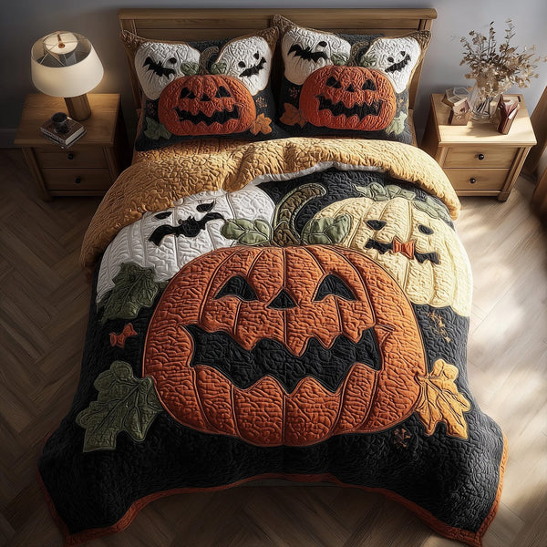 Spooky Pumpkin quilted 3-piece bedding set on a made bed against a dark styled interior