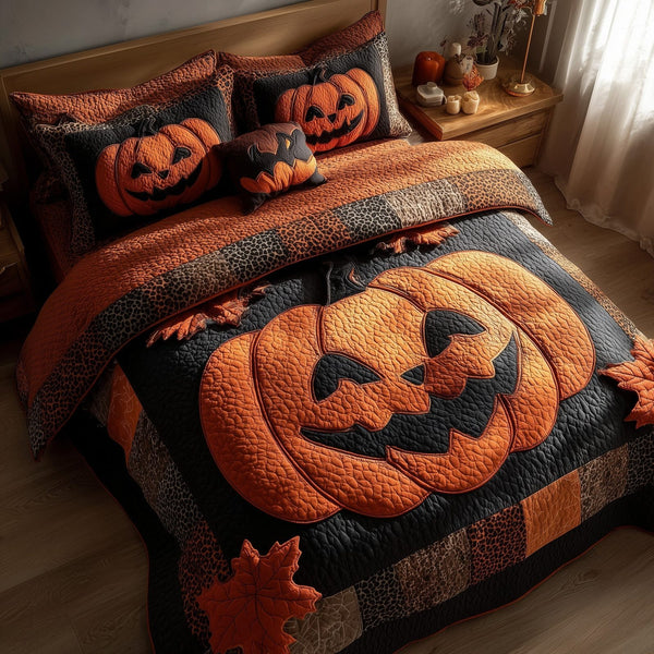 Spooky Pumpkin quilted 3-piece bedding set on a made bed against a dark styled interior